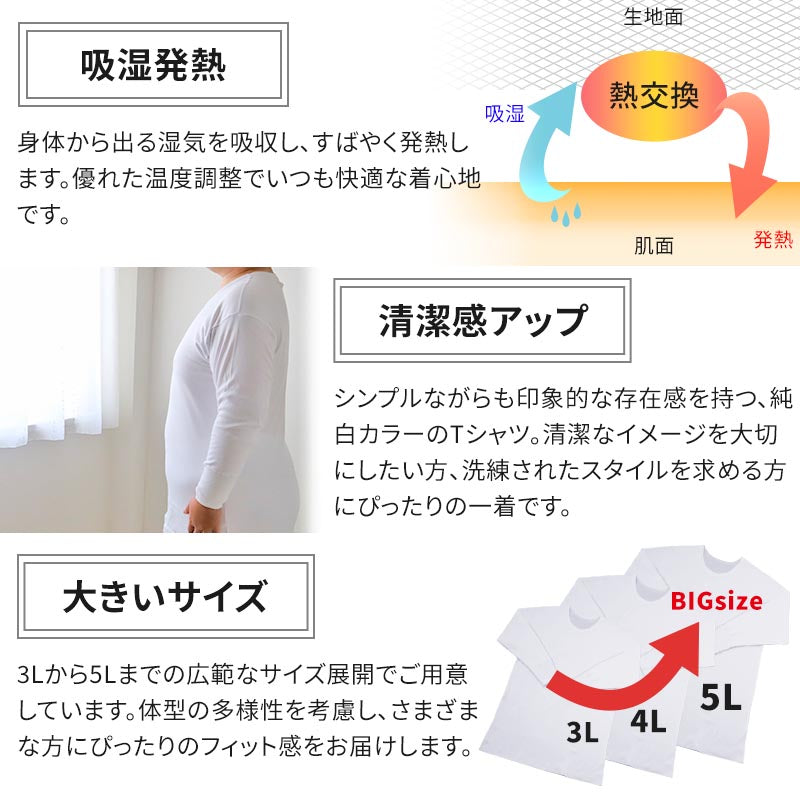 大きいサイズ 長袖 丸首 クルーネック メンズ 綿100 3L~5L (吸湿発熱 コットン ビッグ ロング 大寸 白t 大きめ でかい ぽっこり 肥満 マッチョ 筋肉 体型カバー 3L 4L 5L)