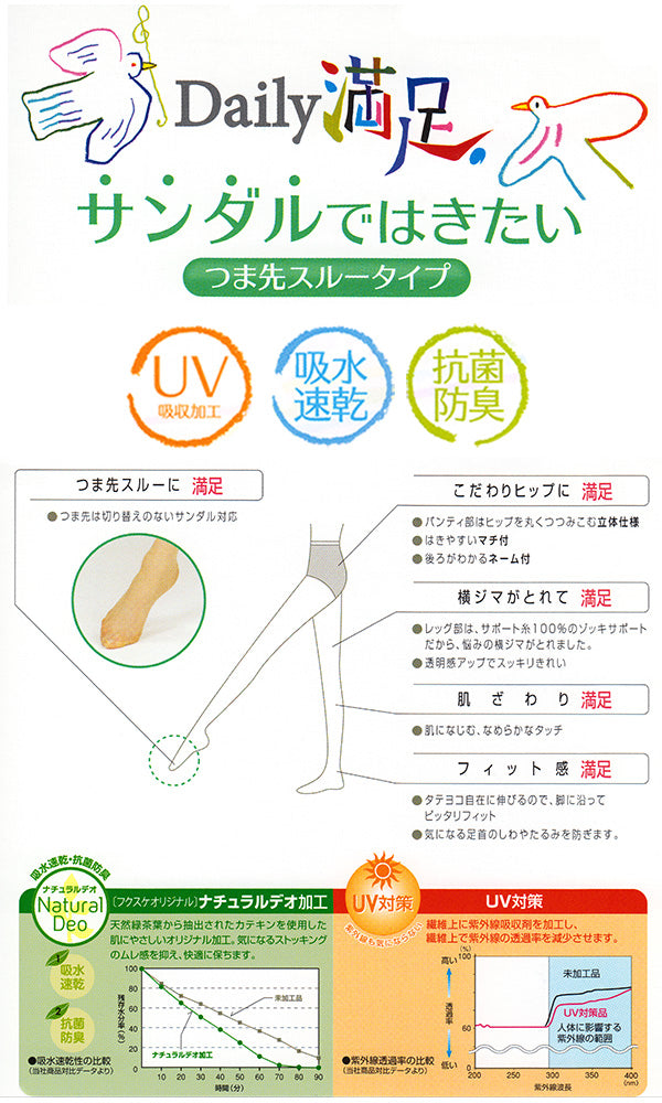福助 Daily満足 サンダルではきたい つま先スルータイプ ストッキング 3足組 M-L~L-LL (ふくすけ フクスケ デイリーマンゾク マンゾク 満足 スルータイプ 夏 UV 抗菌防臭 吸水速乾 レディース 女性 ゾッキ ナチュラルデオ) (在庫限り)