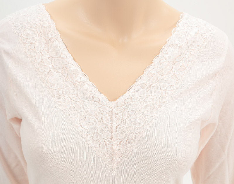 エジプト綿広幅レース8分袖インナー M~LL (白 レディース 綿100% シャツ 肌着 下着 レース) (婦人肌着) (取寄せ)