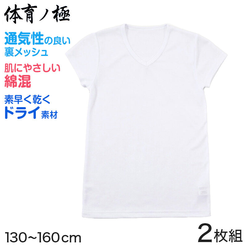 体育ノ極 下着 男の子 半袖 綿混 2枚組 130cm~160cm (子供 肌着 キッズ インナー 小学生 Tシャツ Vネック 白 無地 メッシュ 体育の極 130 140 150 160) (在庫限り)
