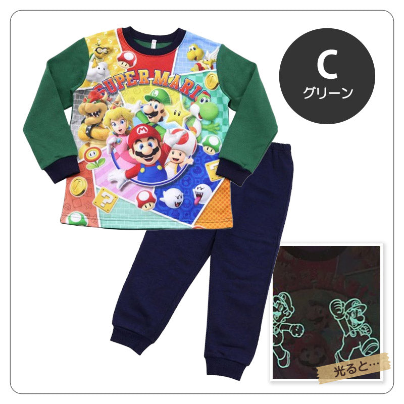 光るパジャマ マリオ パジャマ 裏起毛 長袖 男の子 スーパーマリオ 上下セット 110cm~140cm キッズ ジュニア 男児 冬用 子供 トレーナー 光る 120cm 130cm お泊り