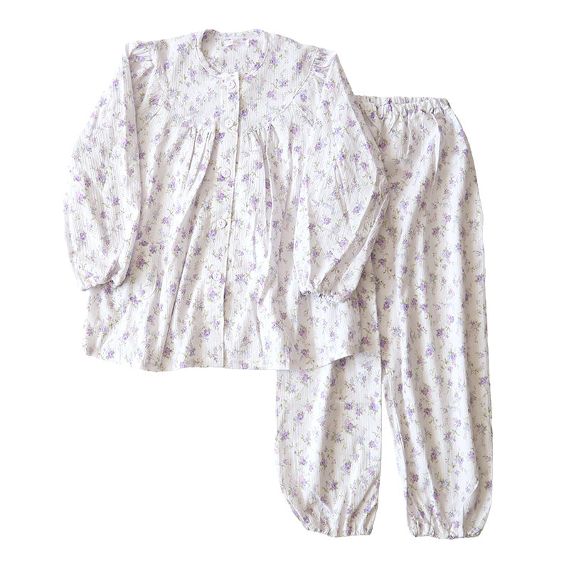 婦人パジャマ レディース パジャマ 夏 前開きパジャマ 花柄 ゆったり 上下セット S~LL 寝巻き ねまき 寝間着 楊柳 サラサラ (送料無料) (在庫限り)