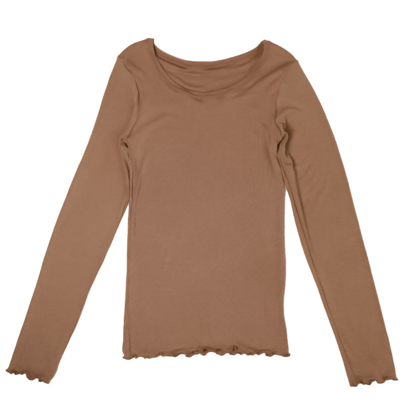 インナー 長袖 レディース シャツ 丸首 リブ M L LL 背当て付き 下着 肌着 女性 トップス 薄手 アンダーウェア 保温 ストレッチ 快適 あったかインナー 暖かい 温かい 秋 冬 ラウンドネック