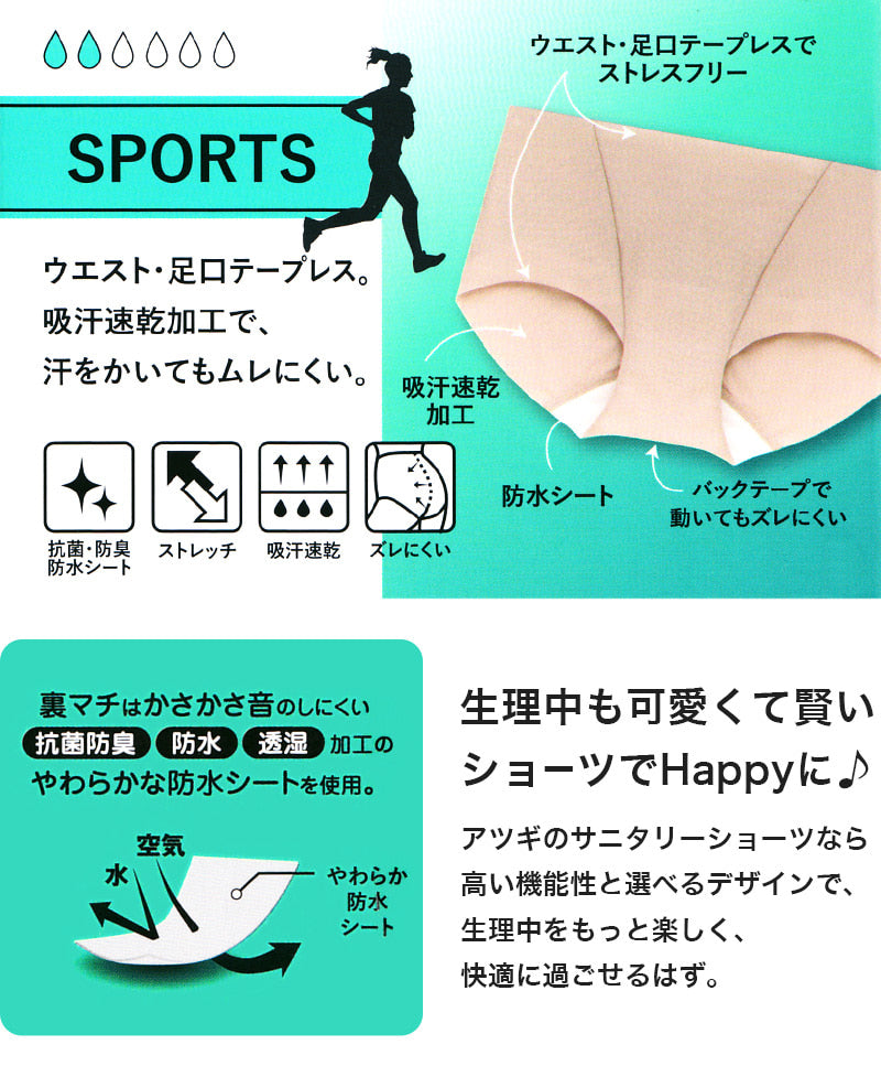 アツギ 1week スポーツ フリーカット サニタリーショーツ M~LL (生理用ショーツ サニタリー 1week フリーカット シームレス 大きいサイズ 肌着 下着 インナー 婦人肌着 吸汗速乾) (在庫限り)