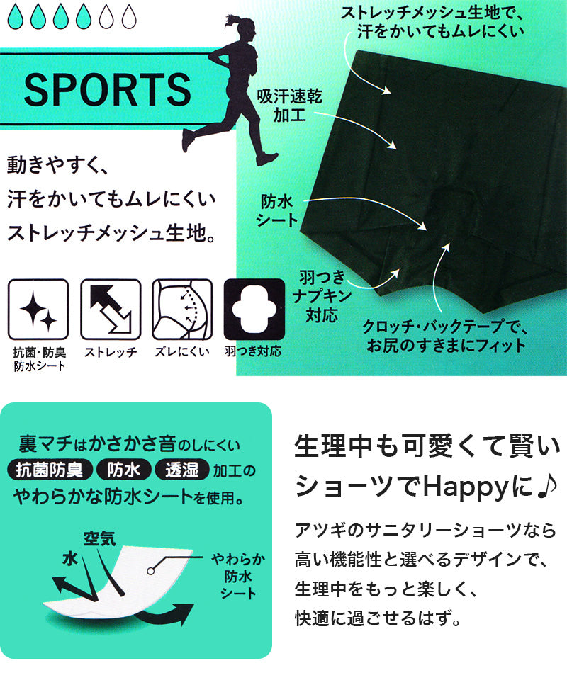 サニタリーショーツ 運動 生理用ショーツ スポーツ 羽根つき M~3L (メッシュ 婦人 サニタリー ショーツ 吸汗速乾) (在庫限り)