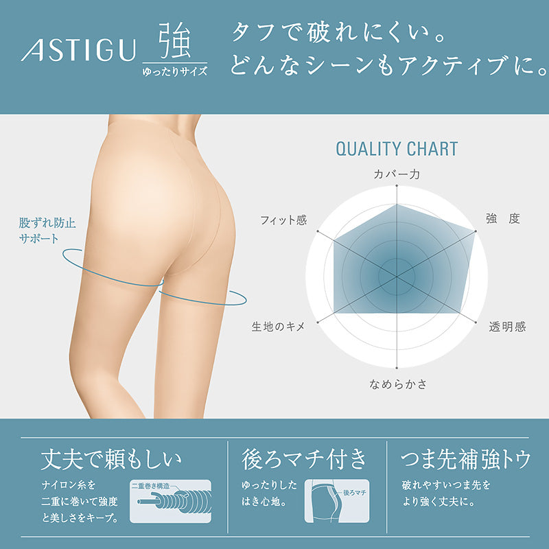 【3足セット】アスティーグ 強 ストッキング レディース パンスト ゆったり JM・JL (ASTIGU パンティストッキング 婦人 黒 ベージュ 破れにくい)