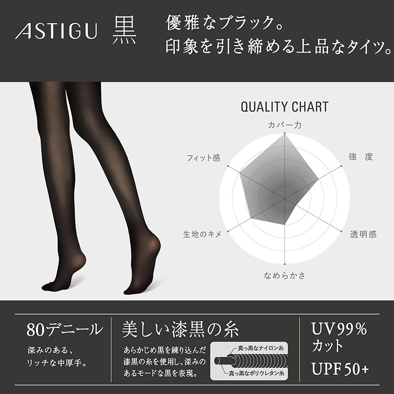 アスティーグ 黒 タイツ 80デニール レディース S-M~L-LL アツギ ASTIGU パンティストッキング 婦人 ブラック