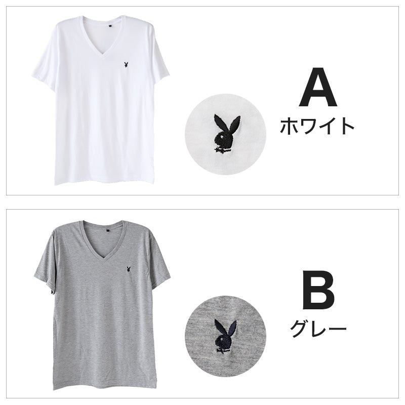 インナー メンズ tシャツ 半袖 vネック 綿混 プレイボーイ M~LL 紳士 トップス インナーシャツ ワンポイント v首 下着 紳士肌着 男 PLAYBOY ブランド アンダーウェア