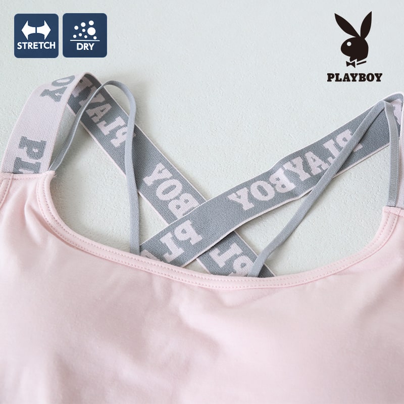 スポーツブラ ハーフトップ レディース スポブラ クロスバック 婦人 シンプル ブランド ヨガ M L LL ウォーキング ストレッチ PLAYBOY 下着 肌着 インナー PLAY BOY かっこいい バッククロス レイヤード 綿混 (在庫限り)