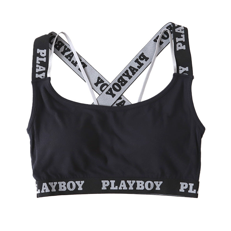 スポーツブラ ハーフトップ レディース スポブラ クロスバック 婦人 シンプル ブランド ヨガ M L LL ウォーキング ストレッチ PLAYBOY 下着 肌着 インナー PLAY BOY かっこいい バッククロス レイヤード 綿混 (在庫限り)