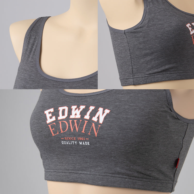 レディース ノンワイヤーブラ モールドカップブラ ハーフトップ EDWIN 綿 フィット感 着け心地 快適 優しい肌触り ストレッチ 動きやすい 快適 下着 インナー ブラジャー ロゴ入り 女子 M L 黒 グレー M・L
