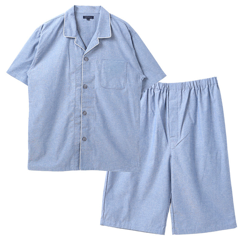 綿100 シャンブレー パジャマ メンズ 半袖 半パンツ 前開き 上下セット M L LL 夏 春夏 ルームウェア 部屋着 寝巻き 寝間着 紳士 男性 無地 薄手 軽い ゆったり ウエストパイルゴム ボタン式 ナイトウェア ホームウェア 父の日 ギフト 誕生日