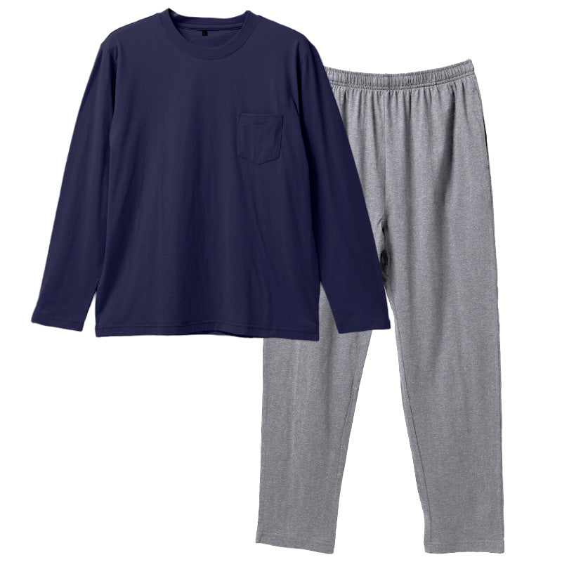 メンズ ルームウェア 上下セット 綿100 部屋着 パジャマ 無地 M L LL 長袖 セットアップ 紳士 男性用 リラックスウェア ワンマイルウェア 寝間着 普段着 ゆったり シンプル ポケット付き ウエストゴム 調整ひも付き コットン 天然素材 肌触り 快適 通気性 春夏