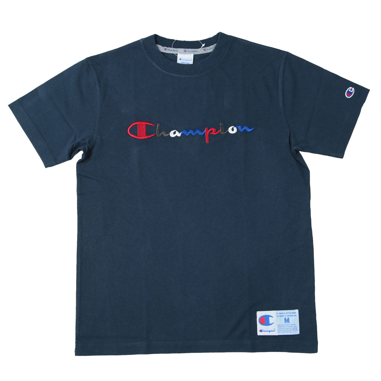 Champion 前身刺繍Tシャツ S~XL (チャンピオン 綿100% 半袖 クルーネック 丸首 ロゴ メンズ) (在庫限り)