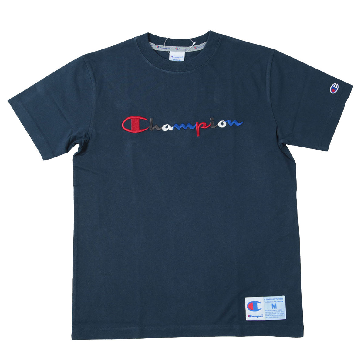 Champion 前身刺繍Tシャツ S~XL (チャンピオン 綿100% 半袖 クルーネック 丸首 ロゴ メンズ)