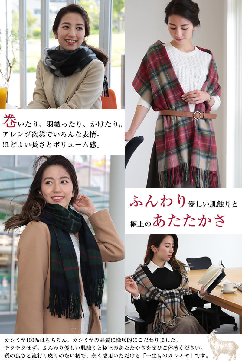 アルカディアルカ カシミヤ100% チェック柄ストール レディース フリーサイズ (カシミア カシミヤ100% カシミア100% 大判マフラー プレゼント 防寒 秋冬) (在庫限り)