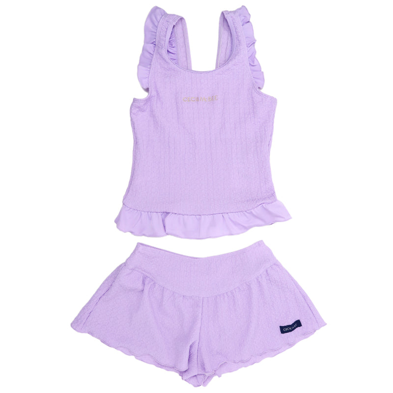 キッズ 水着 女の子 タンキニ セパレート CECIL McBEE セシルマクビー ガールズ ジュニア フリル タンクトップ スイムウェア かわいい 無地 120cm~140cm ブルー パープル プール 海 水遊び 夏用 レジャー