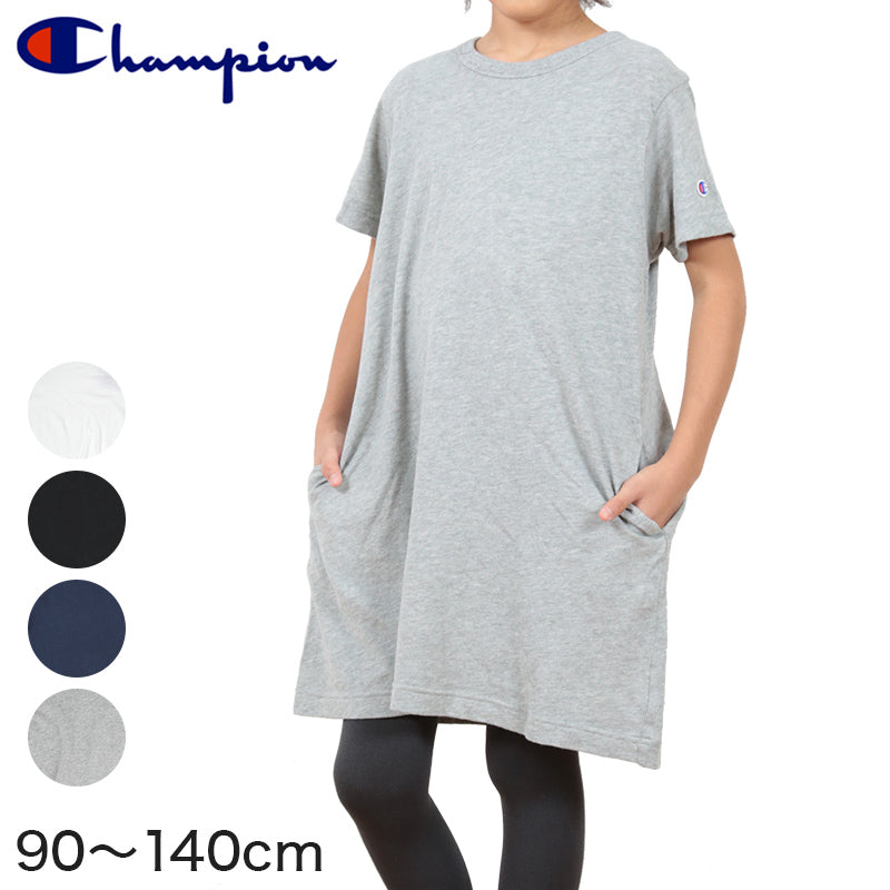キッズ ワンピース 半袖 子供服 女の子 チュニック丈 チャンピオン 90cm~140cm 子供 トップス 薄手 春服 夏 シンプル 無地 ポケット付き プルオーバー (在庫限り)