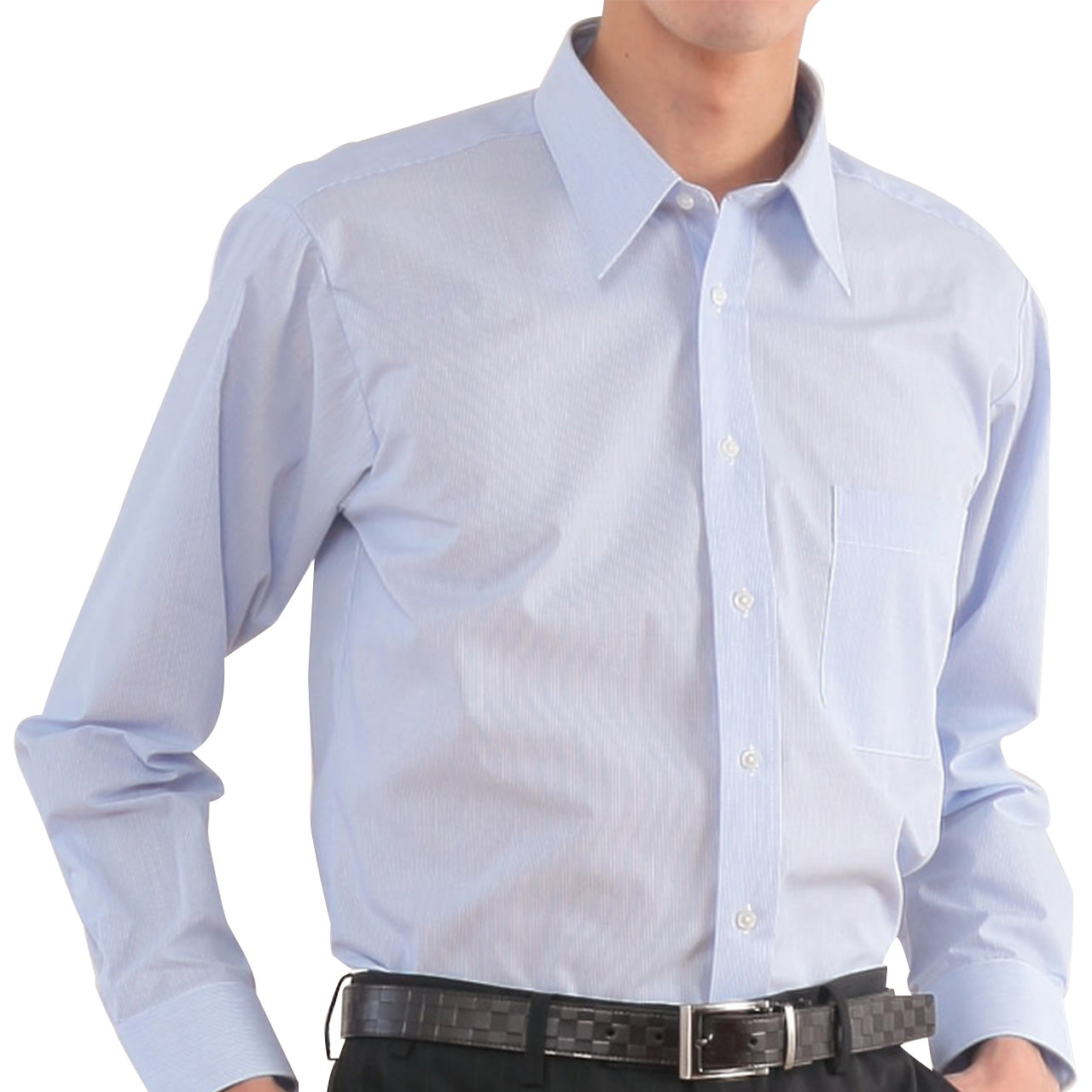 カッターシャツ メンズ 長袖 形態安定 (サックス) 28サイズ展開 (ドレスシャツ ストライプ柄 ワイシャツ ノーアイロン yシャツ シャツ 紳士) (在庫限り)