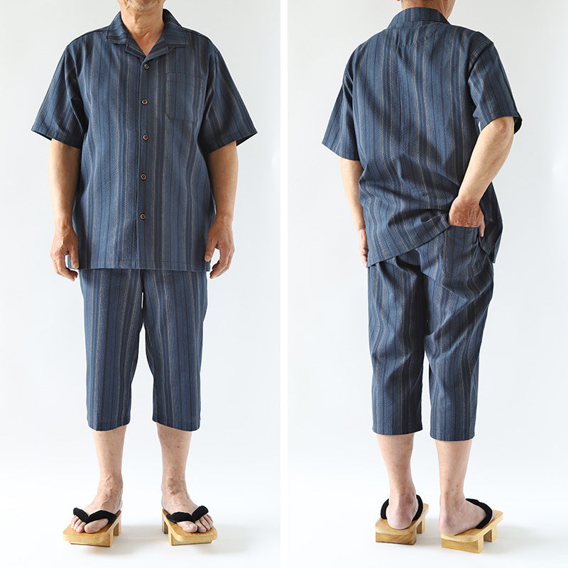 和柄 シャツ 開襟 メンズ 夏 大きいサイズ しじら織り 和風 半袖 M~4L おしゃれ 涼しい 和服 和装 パジャマ 寝巻き 部屋着 ホームウェア ルームウェア アウター tシャツ トップス 父の日 ギフト プレゼント 30代 40代 50代 ブラック ネイビー M L LL 3L 4L (在庫限り)