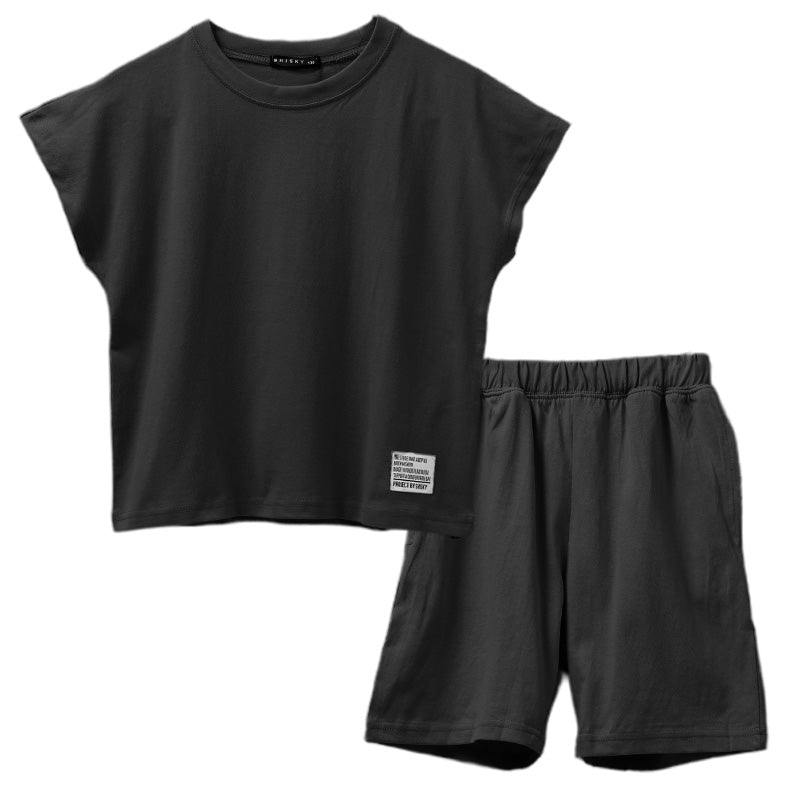 キッズ セットアップ 子供服 ノースリーブ ハーフパンツ 上下セット 綿100% オーバーサイズ 130 140 150 160 cm 夏服 男の子 女の子 ジュニア ルームウェア 部屋着 パジャマ 小学生 中学生 SHISKY ポケット付き 調整紐 無地 おしゃれ ゆったり