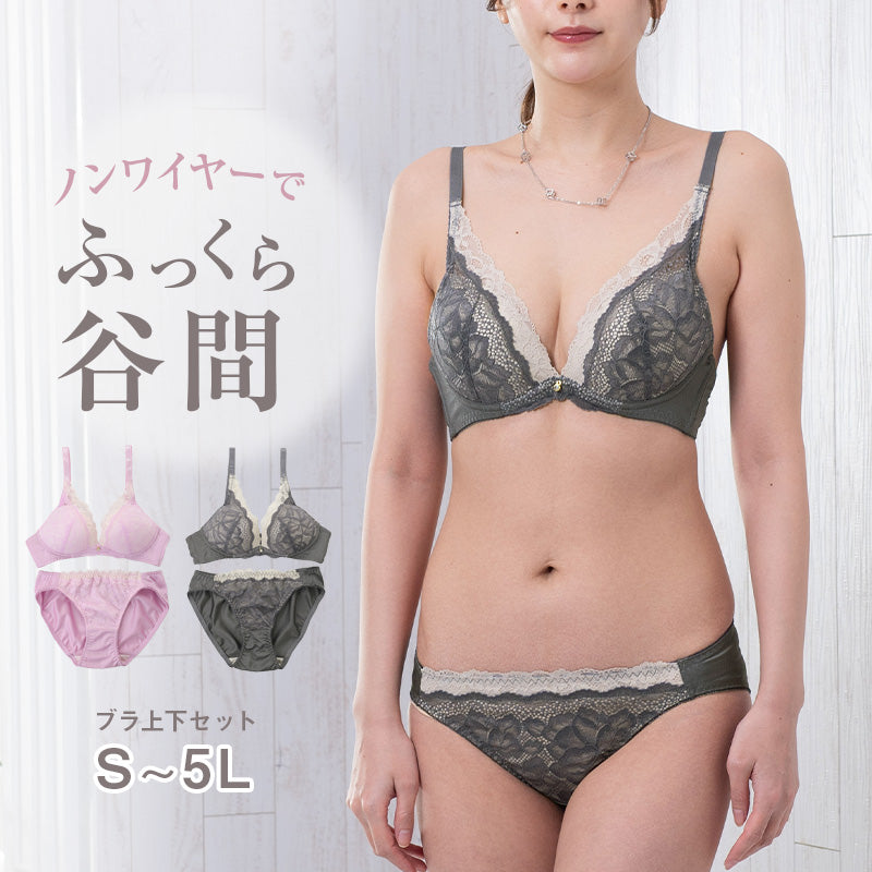 ノンワイヤーブラ ショーツ 上下セット S ~ 5L ブラジャー レディース 下着 セットアップ インナー レース かわいい ワイヤレス 補整下着 痛くない 大きいサイズ 楽ちん
