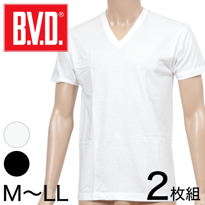 BVD メンズ 半袖シャツ Vネック NEW STANDARD 綿100% 2枚組 M~LL (インナー 下着 V首 男性 紳士 白 黒 ホワイト コットン M L LL)