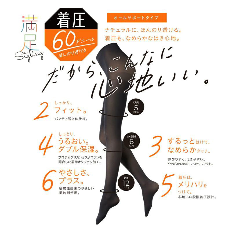 福助 満足 60デニール着圧タイツ S-M~L-LL (フクスケ レディース ベージュ 黒 カラータイツ 発熱タイツ 暖かい ふくすけ)