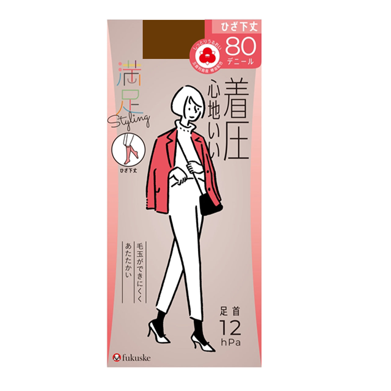 福助 満足 80デニール着圧タイツ(ひざ下) 22-25cm (フクスケ レディース ベージュ 黒 ショートタイツ) (在庫限り)