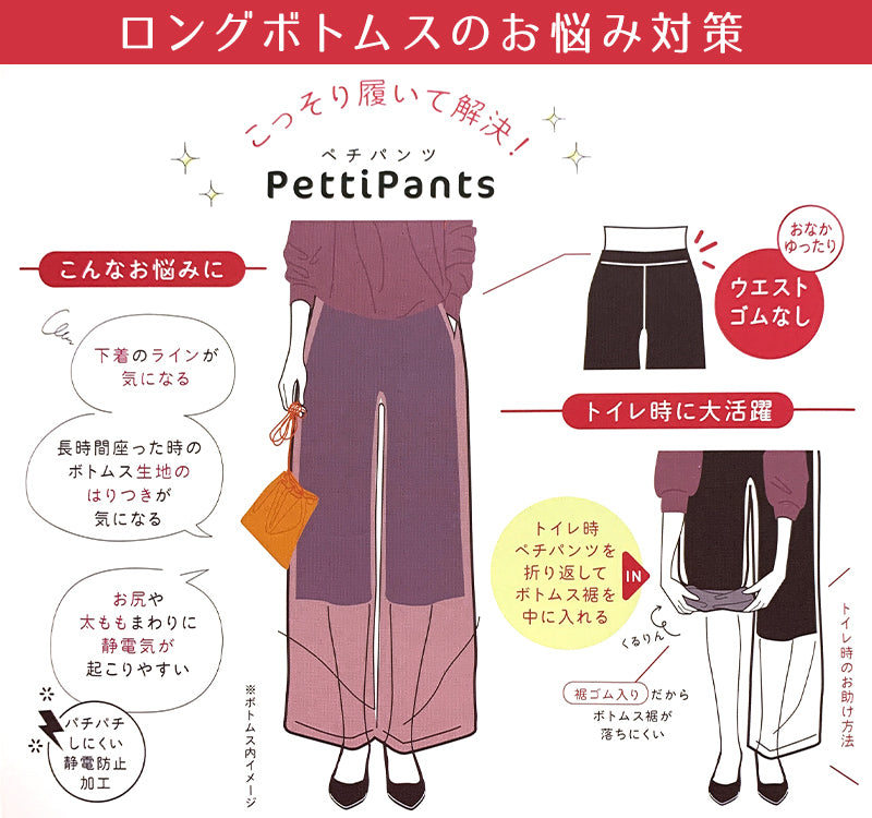 ペチコート パンツ ペチパンツ ひざ丈 裾ゴム入り 福助 M-L キュロット フレアパンツ トイレ 裾 床につかない レディース インナー ボトム ガウチョ ワイドパンツ インナーパンツ 裏地 (在庫限り)