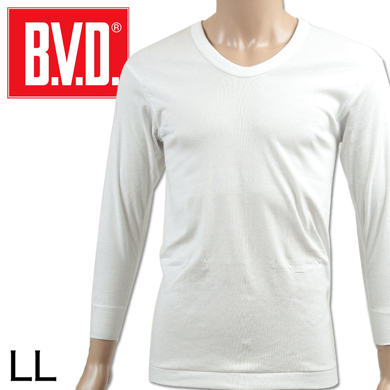 BVD メンズ 長袖U首シャツ 綿100% LL (8分袖 コットン Uネック インナー 下着 男性 紳士 白 ホワイト 大きいサイズ)