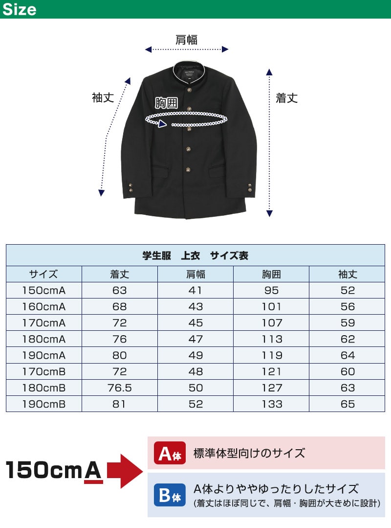 学生服 男子 上着 学ラン 中学生 高校生 制服 上衣 洗える A体 B体 150cmA~190cmB 洗濯機 丸洗いOK 学生 メンズ ジュニア 詰襟 ラウンドカラー レギュラーカラー (送料無料) (取寄せ)