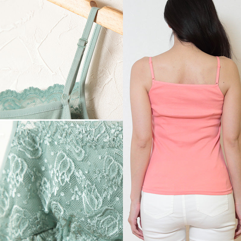 キャミソール レディース トップス レース M~LL (胸元レース キャミ 綿 無地 見せる インナー コットン)