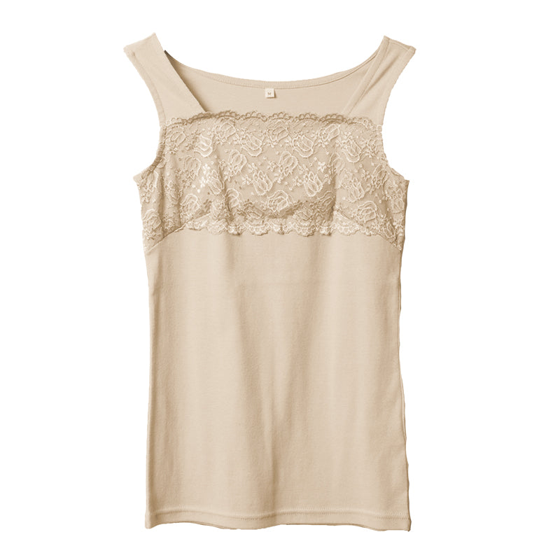タンクトップ レディース レース トップス インナー M~LL 胸元レース 綿100% コットン ノースリーブ 無地 見せる カットソー タンク 女性 婦人