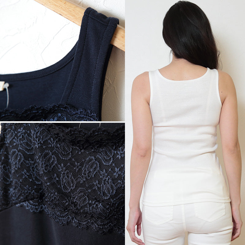 タンクトップ レディース レース トップス インナー M~LL 胸元レース 綿100% コットン ノースリーブ 無地 見せる カットソー タンク 女性 婦人