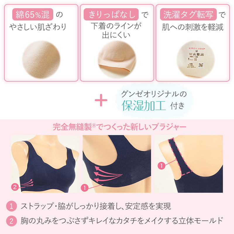 グンゼ キレイラボ ノンワイヤーブラジャー M~LL (GUNZE KIREILABO ノンワイヤーブラ レディース 縫い目無し カットオフ 洗濯タグ無し 綿混 保湿) (在庫限り)
