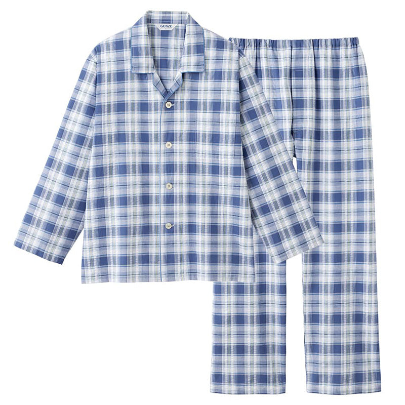 グンゼ パジャマ メンズ 綿100 長袖 薄手 S M L LL 3L クールマジック 大きいサイズ 春夏 夏用 涼しい 吸汗速乾 GUNZE 長ズボン 前開き チェック柄 シンプル 男性 プレゼント ギフト 父の日 (送料無料)