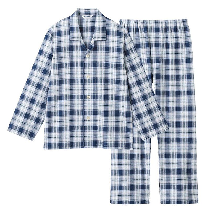 グンゼ パジャマ メンズ 綿100 長袖 薄手 S M L LL 3L クールマジック 大きいサイズ 春夏 夏用 涼しい 吸汗速乾 GUNZE 長ズボン 前開き チェック柄 シンプル 男性 プレゼント ギフト 父の日 (送料無料)