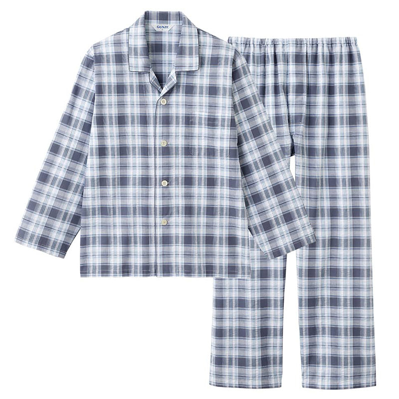 グンゼ パジャマ メンズ 綿100 長袖 薄手 S M L LL 3L クールマジック 大きいサイズ 春夏 夏用 涼しい 吸汗速乾 GUNZE 長ズボン 前開き チェック柄 シンプル 男性 プレゼント ギフト 父の日 (送料無料)