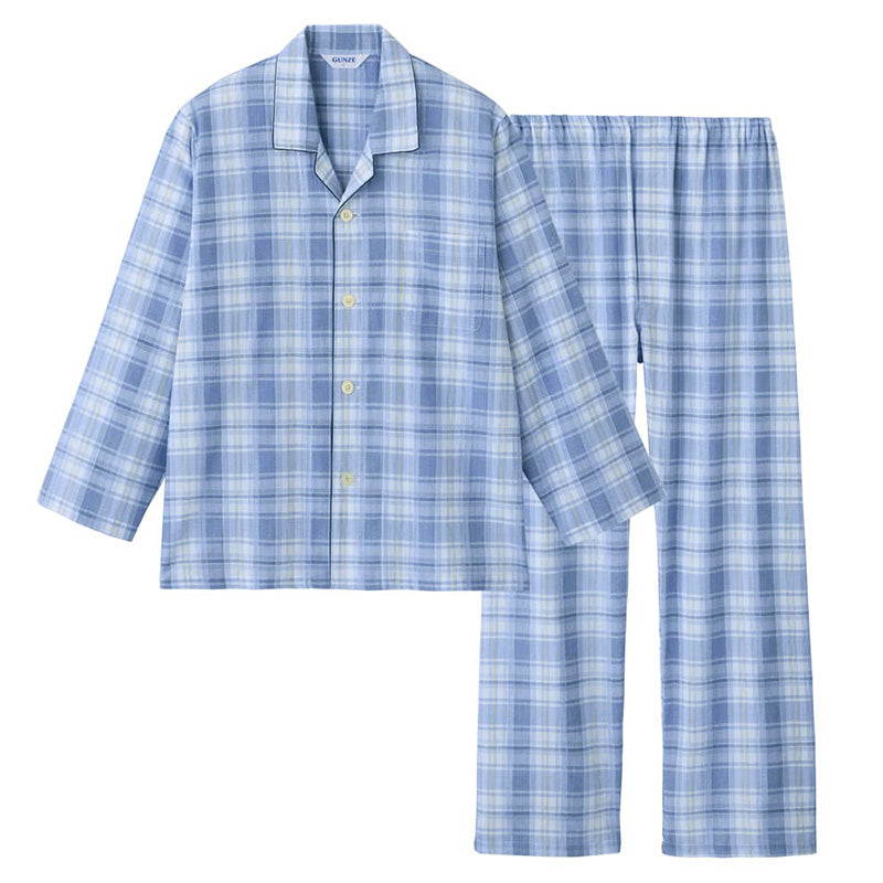 グンゼ パジャマ メンズ 綿100 長袖 薄手 S M L LL 3L クールマジック 大きいサイズ 春夏 夏用 涼しい 吸汗速乾 GUNZE 長ズボン 前開き チェック柄 シンプル 男性 プレゼント ギフト 父の日 (送料無料)