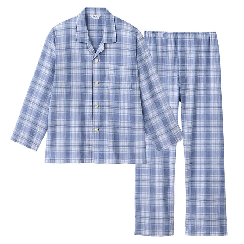 グンゼ パジャマ メンズ 綿100 長袖 薄手 S M L LL 3L クールマジック 大きいサイズ 春夏 夏用 涼しい 吸汗速乾 GUNZE 長ズボン 前開き チェック柄 シンプル 男性 プレゼント ギフト 父の日 (送料無料)
