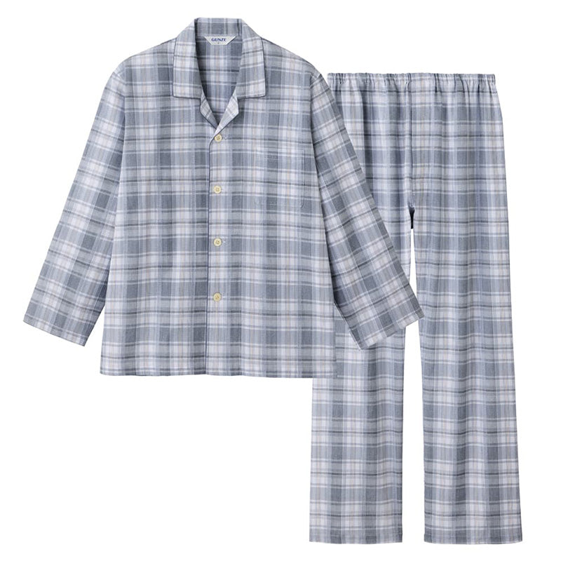 グンゼ パジャマ メンズ 綿100% 長袖 薄手 S M L LL 3L 大きいサイズ 春夏 夏用 涼しい 吸汗速乾 GUNZE 長ズボン 前開き チェック柄 シンプル 男性 プレゼント ギフト 父の日 (送料無料)