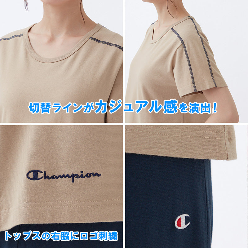 チャンピオン レディース パジャマ 半袖 7分丈パンツ 上下セット 綿100 M~LL Champion 春 夏 部屋着 ルームウェア ホームウェア セットアップ ロゴ ロゴ入り 母の日 (送料無料) (在庫限り)