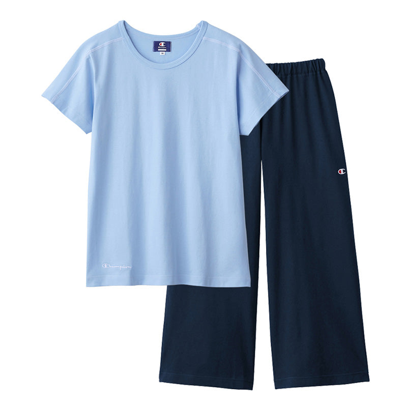 チャンピオン レディース パジャマ 半袖 7分丈パンツ 上下セット 綿100 M~LL Champion 春 夏 部屋着 ルームウェア ホームウェア セットアップ ロゴ ロゴ入り 母の日 (送料無料) (在庫限り)
