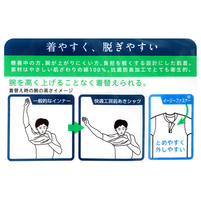 ワンタッチシャツ 前開きシャツ メンズ 綿シャツ 綿100 M L LL 綿100% イージーファスナー 介護用 肌着 前開き インナーシャツ Tシャツ 半袖 シニア向け 着脱簡単 ゆったり アームホール 抗菌防臭 白 ホワイト 快適工房 グンゼ 男性用 高齢者 簡単着替え