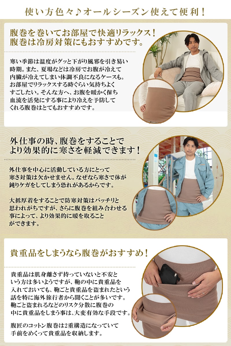 Suteteko メンズ 純毛100% タイコ型腹巻 二重タイプ M~LL (男性 腹巻き ハラマキ はらまき 防寒グッズ あったかグッズ 寒さ対策 プレゼント 大きいサイズあり 冷え対策 冷え性 オールシーズン)