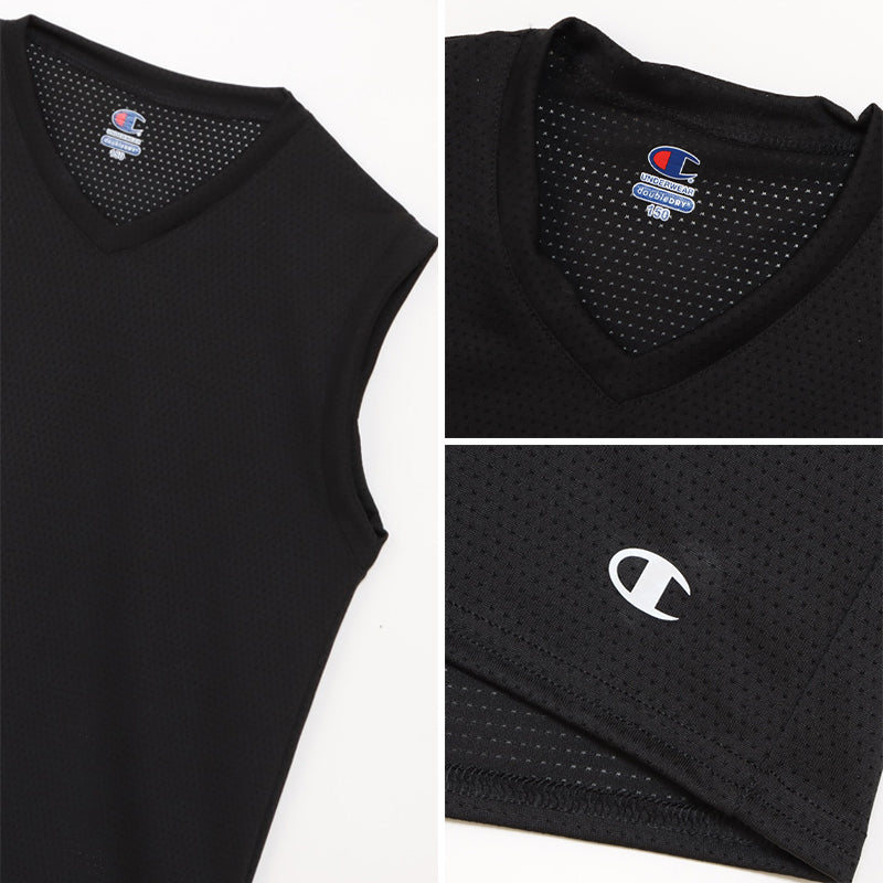 Champion キッズ インナー メッシュ ノースリーブ 男の子 Vネック 2枚組 130cm~160cm 下着 tシャツ 子供 男子 肌着 吸汗速乾 スポーツ 白 黒 薄手