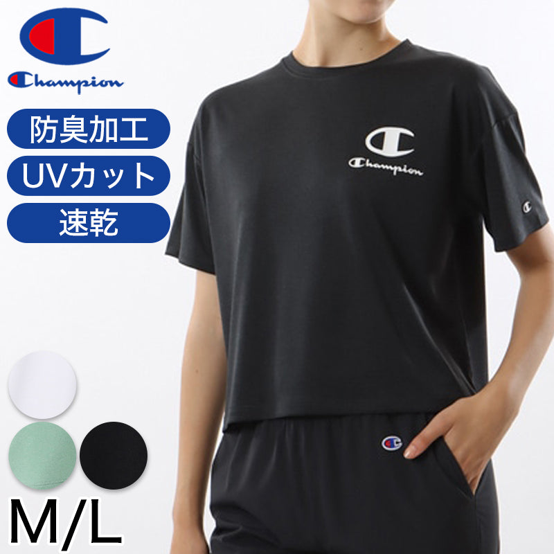 Champion レディース クルーネック Tシャツ 短め M・L チャンピオン tシャツ 半袖 UV スポーツ シャツ インナー (在庫限り)