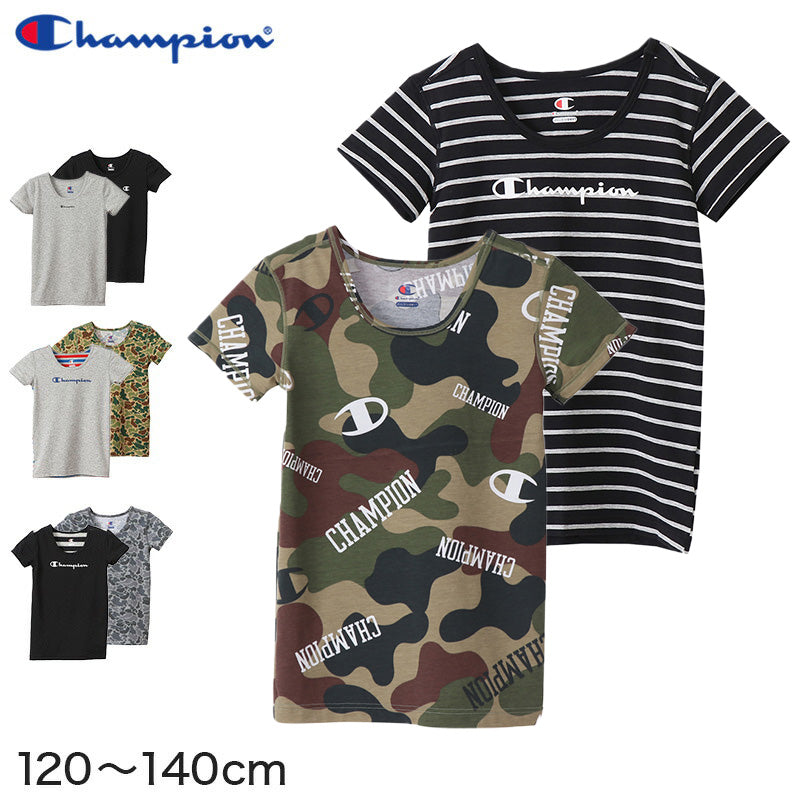 チャンピオン キッズ 半袖シャツ 2枚組 120cm~140cm (Champion ジュニア Tシャツ クルーネック 男の子 男児 130 黒 迷彩 ブラック) (在庫限り)
