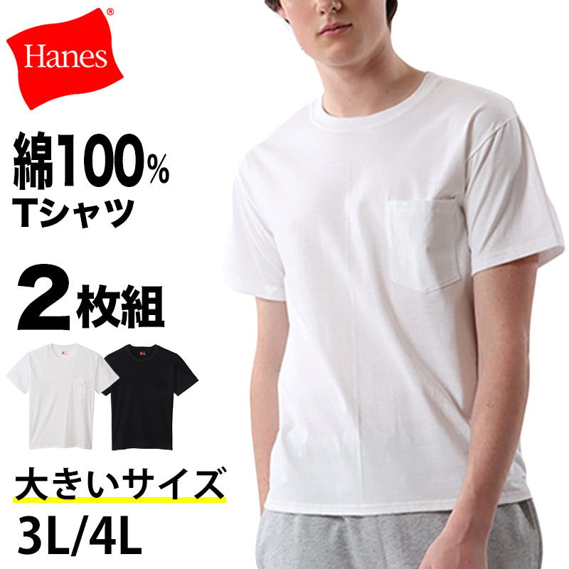 ヘインズ Tシャツ 綿100% メンズ 2枚組 白 黒 ポケット付き ビジネス ビジカジ魂 インナー スーツ カジュアル 抗菌防臭 3L-4L Hanes 3L 4L 男性 紳士 下着 カジュアル オフィス スマート フォーマルカジュアル (在庫限り)
